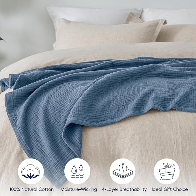 PHF 100% Cotton Muslin Blanket Twin XL Size 66"x90", 4-Layer Lightweight Gauze Throw, Breathable Cloud-Soft Minimalist Blanket for Bed, Couch, Camping & Baby, Denim Blue, Ideal Gift