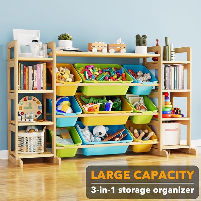 SpaceAid Large Toy Storage Organizer 9 Shelves 9 Bins, Toy Organizers Storage Bookshelf, Kids Bin Shelf Toys Box Bookcase for Bedroom Playroom Organization Room Decor, Multi-Colored