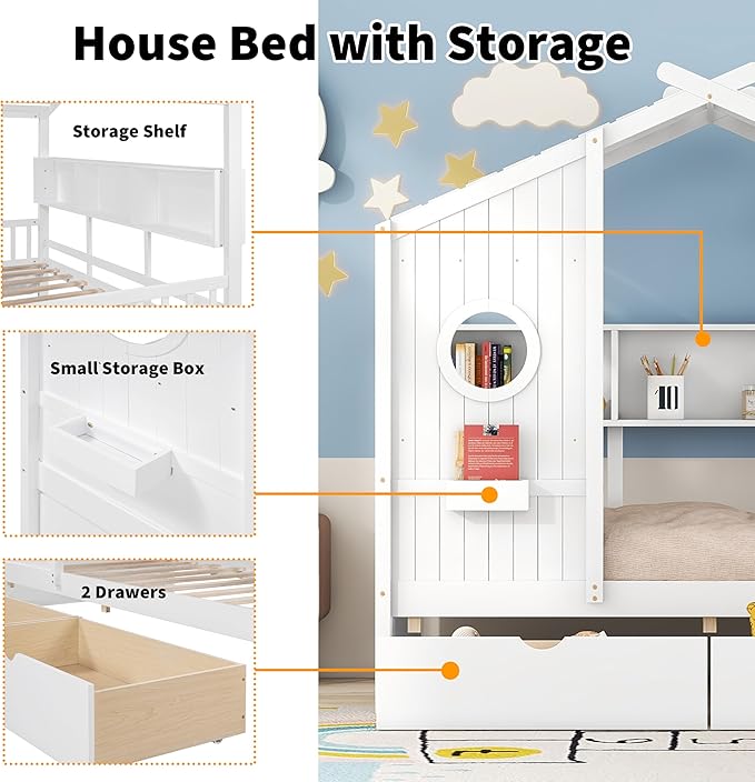 Linique Wooden Twin Size House Bed with 2 Drawers and Storage Shelf,Twin Platform Bed Frame with Pitched Roof,White