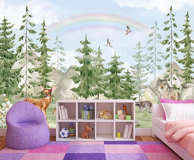 Forest Animals Kids Wallpaper Peel and Stick Nursery Pine Tree Self Adhesive Wall Mural for Children's Room Bedroom 137"x100"