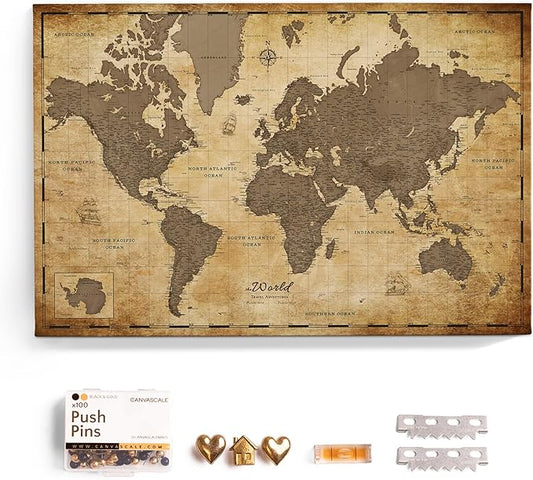 Canvas World Map with Cork Pin Board - English Lettering - Decorative Wall Decoration for All Rooms - Canvas Pictures with World Map Motif (70x50 cm, Pattern 1)