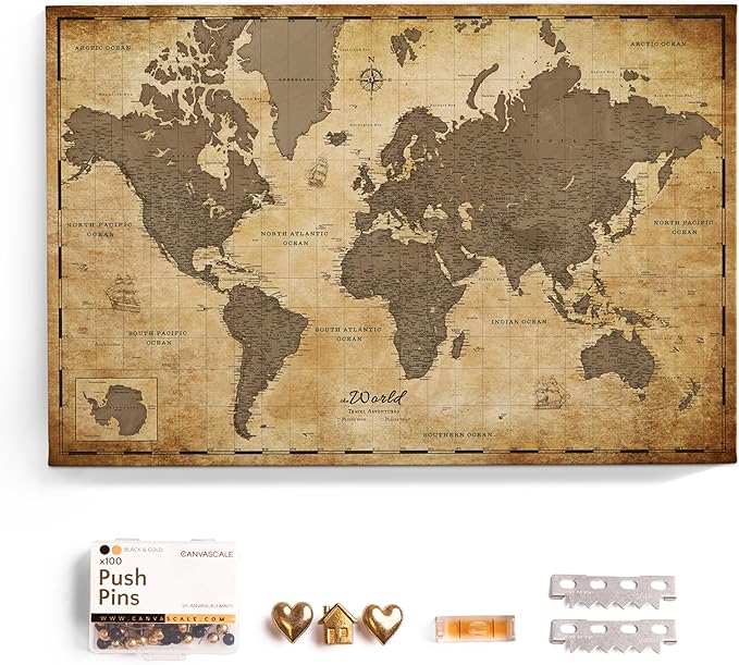 Canvas World Map with Cork Pin Board - English Lettering - Decorative Wall Decoration for All Rooms - Canvas Pictures with World Map Motif (90x60 cm, Pattern 1)