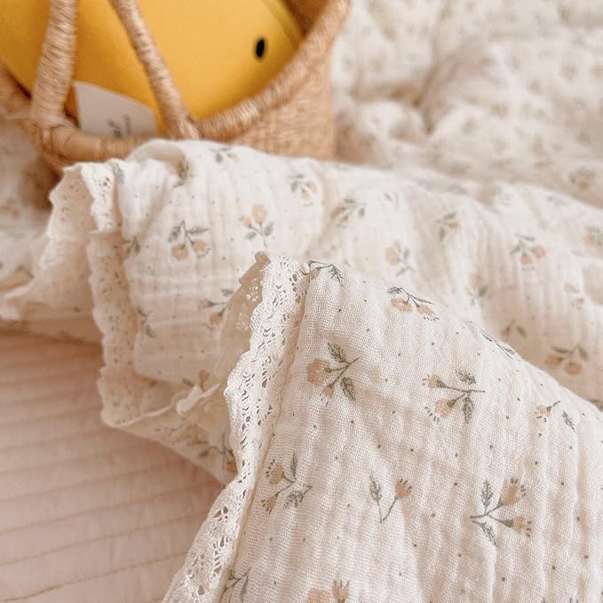 BuLuTu Kids Toddler Comforter Quilted 100% Cotton Toddler Blanket Vintage Floral Print Muslin Quilt for Child Teens Girls Boys, Soft Breathable, Sprout Pattern, 47x59 Inches