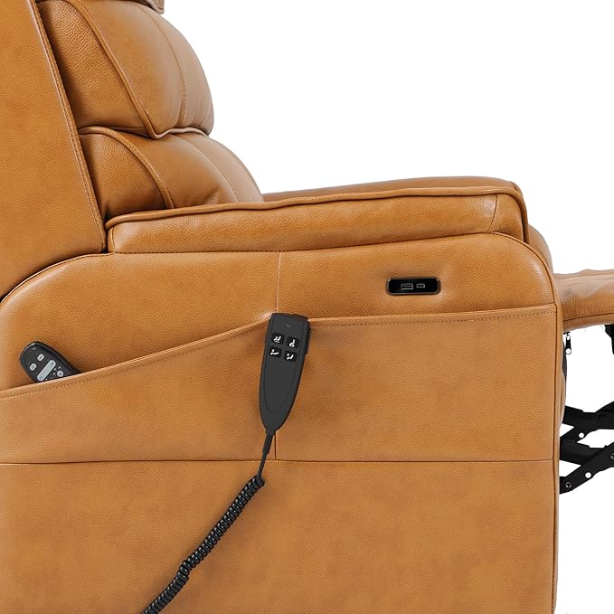 DYNOX 300 LBS Power Lift Recliner Chair for Elderly, Small Size Dual Motor Lay Flat Infinite Positions Recliner with Heat, Massage & USB Charging Port (9188S,Genuine Leather,Camel)