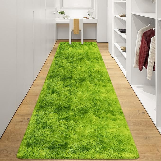 Grass Green Tie-Dyed Rug 3x10 ft Plush High Pile Shag Carpet Fluffy Soft Runner Bedside Rug for Bedroom Living Room Hallway Nursery Kids Home Decor