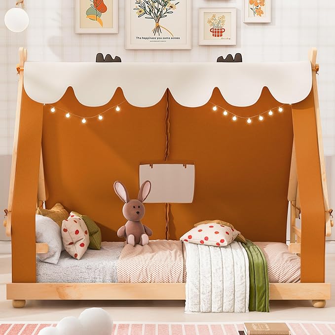 Twin House Bed for Kids with Light and Tent, Montessori Floor Bed Twin for Kids Girls Boys Teens Bedroom, Brown