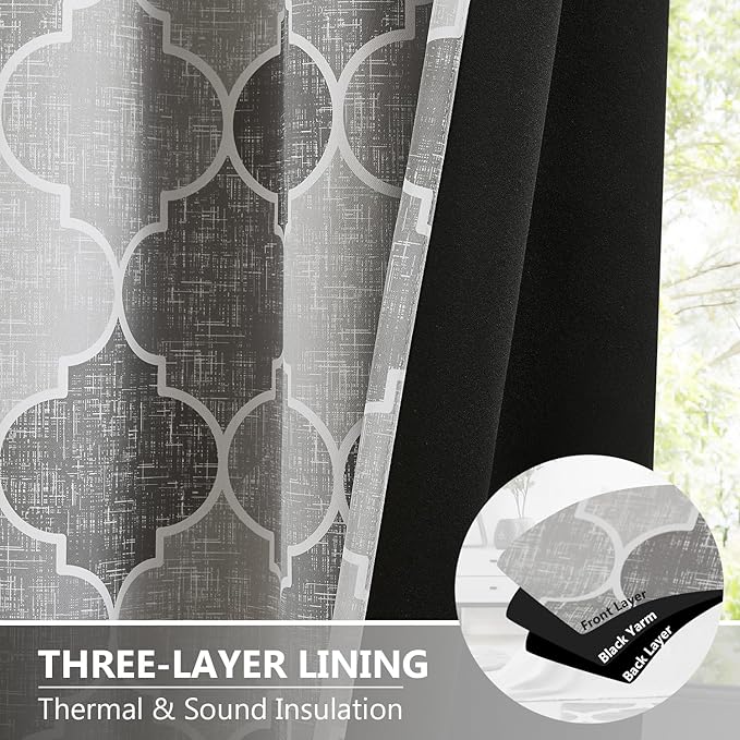 Christmas Geometric Curtains for Bedroom Gray Trellis Moroccan Pattern Drapes Full Blackout 90 Inch Length Room Darkening Thermal Insulated Noise Reducing Window Treatments Sets, 2 Panels