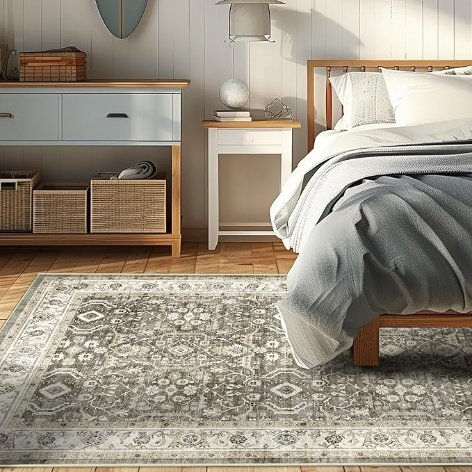 WITSHOCK Living Room Area Rugs 4x6: Washable Rug Boho Soft Non-Slip Low Pile Stain Resistant Foldable Carpet for Bedroom Playroom Dining Room Office Kitchen Farmhouse Home Decor Rug-Brown/Beige