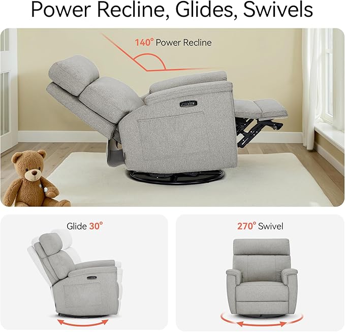 MCombo Oversized Swivel Glider Rocker Recliner with Adjustable Headrest, Dual Motor Power Recliner for Nursery, Led Nightlight, Fabric PR601 (Mist Grey)