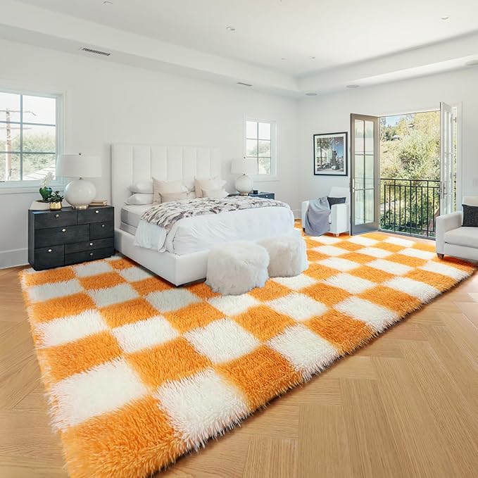 KICMOR 8x10 Area Rugs for Living Room, Large Soft Fluffy Checkered Big Fuzzy Shag Shaggy Carpet for Bedroom, Orange and Cream White Plush Rug for Kids Boys Girls Dorm Nursery Home Decor Aesthetic