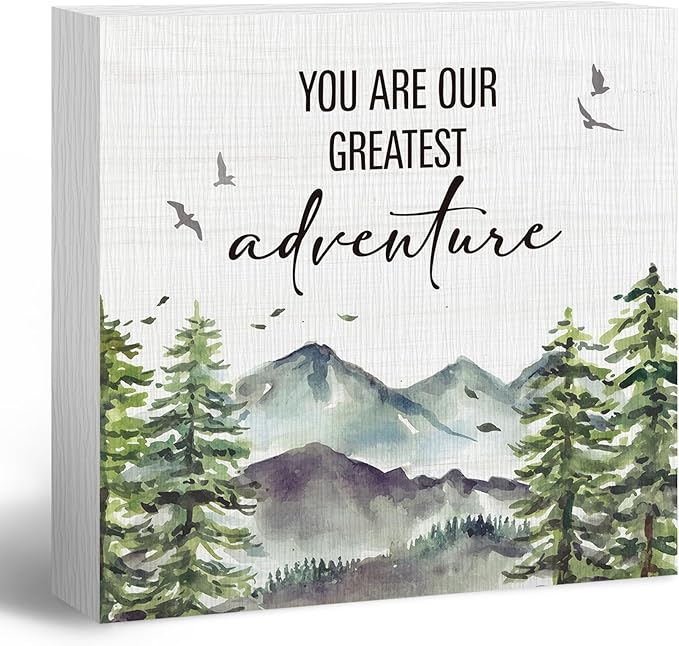 Woodland Nursery Wooden Box Sign, Inspirational Desk Decor, Forest Mountain You Are Our Greatest Adventure Wood Block Box Sign Plaque for Kids Baby Boys Room Nursery Wall Shelf Decor
