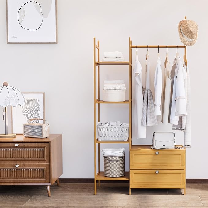 Clothing Rack with Shelves,Bamboo Clothes Rack,Ntural Clothes Rack Hanging,Drawers Hanging Racks,Garment Racks for Entryway Guestroom Bedroom(31.5inch Width Natural)