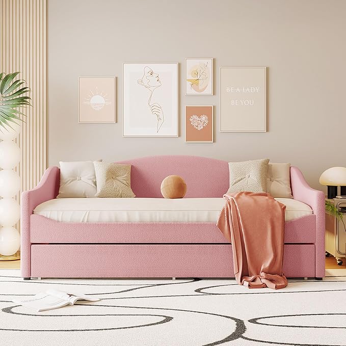 Merax Twin Size Upholstered Daybed with Light and Trundle, Pink Teddy Fleece Sofa Bed Modern Wooden Platform Bed Frame for Bedroom, Living Room, Guest Room, Apartment
