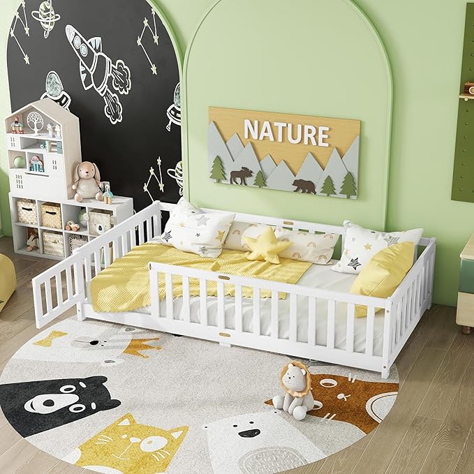 Twin Size Floor Bed for Kids, Wood Montessori Floor Beds with Fence Railings, Door & Slats Support, Twin Playhouse Bed Frame for Boys Girls, No Box Spring Needed, White