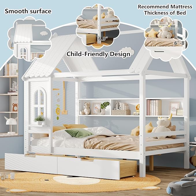 Full House Bed with Drawers and Window, Solid Wood House Platform Bed with Shelves, Full Bed Frame with House-shaped Roof for Kids, Boys, Girls, No Box Spring Needed and Childlike Design, White
