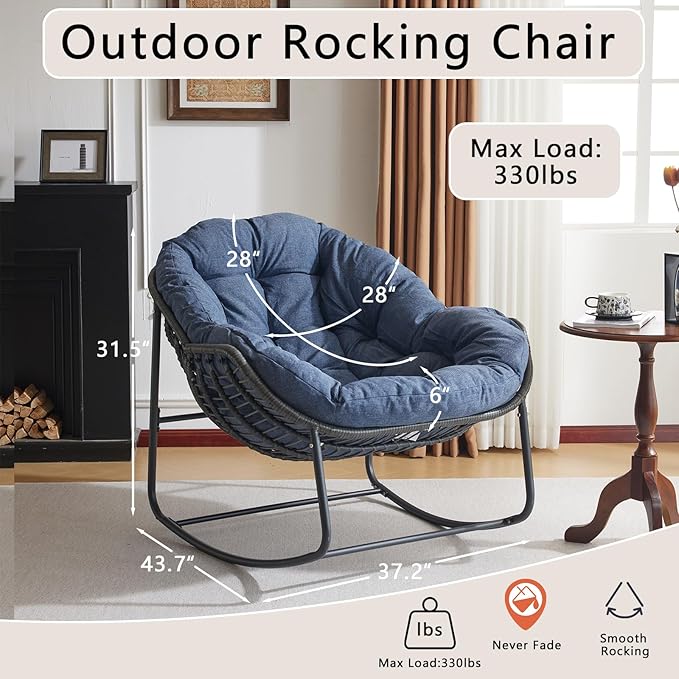 Oversized Outdoor Papasan Rocking Chair Set of 2 with Soft Cushion, Comfy Patio Egg Chair, Wicker Lounge Rocker for Balcony/Porch/Garden, Reinforced All Weather Rattan Frame, Navy Blue