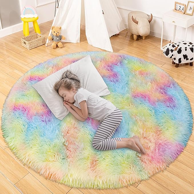 Rainbow Round Rug 5Ft,Colorful Rug for Room Decor and Girls Bedroom,Fuzzy Circle Area Rugs for Dorms Nursery Rooms Kids Unicorn Room Decor Aesthetic Kids Play Mat