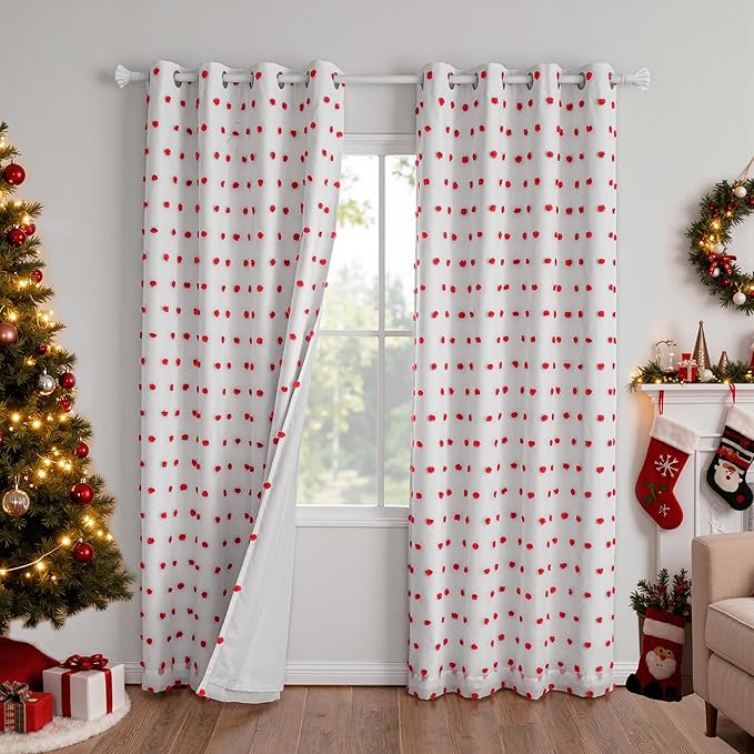 MYSKY HOME Red Christmas Blackout Curtains for Living Room 84 Inches Long Total Light Blocking Curtains for Bedroom 2 Panels Grommet 100% Thermal Insulated Window Drapes with Red Pom Sheer 52W x 84L