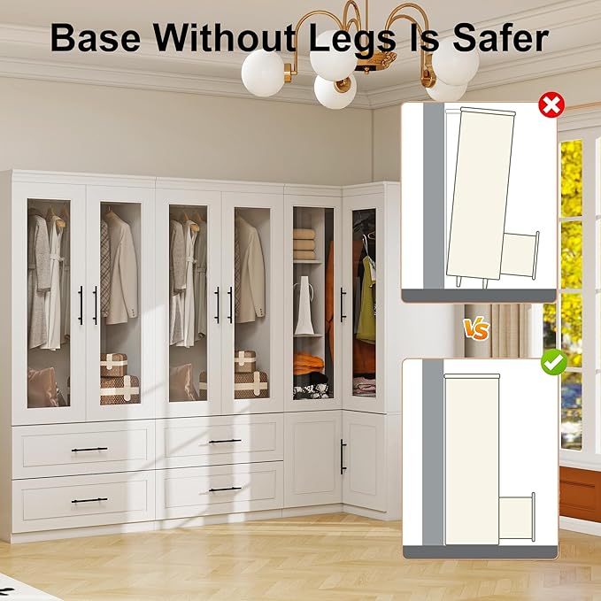 White Armoire Wardrobe Closet with 6 Door: Combination Corner Wood Wardrobe Closet Bedroom Armoire 4 Drawer with Hanging Rods for Home/Bedroom/Living Room