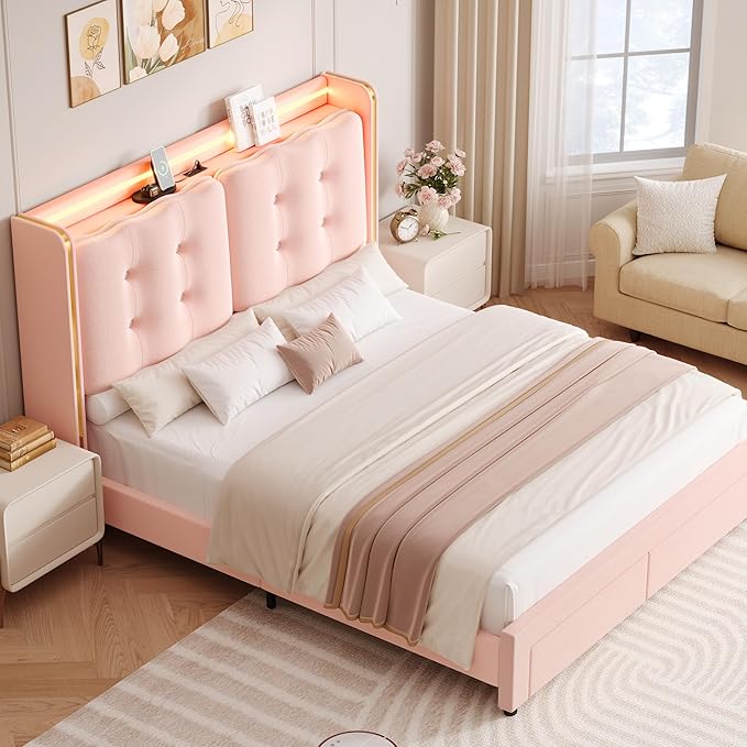 HITHOS Upholstered Queen Led Bed Frame with Charging Station and Storage Drawers, Velvet Princess Platform Bed Frames with Crystal-Button Tufted Headboard for Girls and Kids, No Box Spring Need, Pink