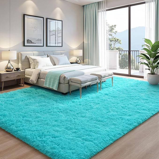 EVOIONOS Ultra Soft Area Rug for Bedroom, 4x6 Machine Washable Fluffy Shag Rug for Living Room, Plush Non Slip Indoor Floor Bedside Nursery Kids Girls Room Dorm Carpet, Home Decor Aesthetic, Teal Blue