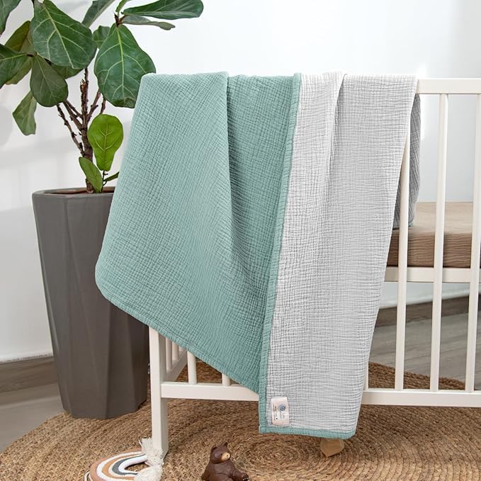 Lulu moon Muslin Baby Blanket - Cotton Quilt Blankets for Toddlers - Reversible Nursery Crib Blanket for Baby Boys and Girls 47"x47"(Sage)