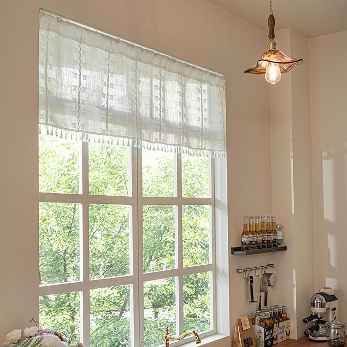 Deeprove Boho Valance Kitchen Short Curtain, Textured Striped Drape Light Filtering Tier Embroidered Chic Window Treatment for Cafe Restaurant Laundry Room, W52 x L18 inch Single 1 Panel Cream White