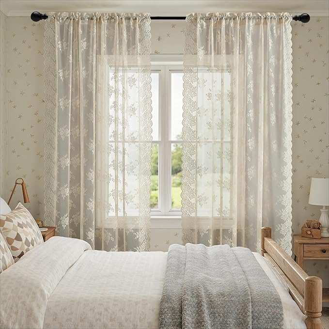 Kotile Beige Lace Curtains for Living Room, W52xL92 Inch, 2 Panels Country Rustic Floral Vintage Sheer Lace Curtains 92 Inches Long Rod Pocket Privacy Light Filtering Cottagecore Sheer Window Curtain