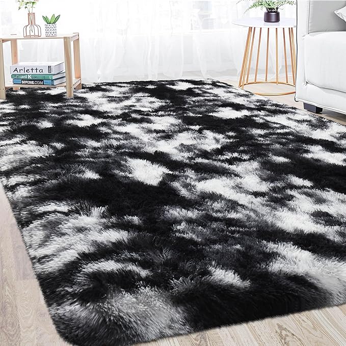 Merelax Soft Area Rugs for Livingroom Bedroom, Shaggy Plush Fuzzy Fluffy Carpet Furry Fur Rug, Modern Indoor Comfy Nursery Kids Dorm Home Decor Floor Mat, 5 x 8 ft, Tie-Dyed Black & White