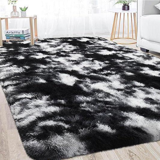 Merelax Soft Area Rugs for Livingroom Bedroom, Shaggy Plush Fuzzy Fluffy Carpet Furry Fur Rug, Modern Indoor Comfy Nursery Kids Dorm Home Decor Floor Mat, 5 x 8 ft, Tie-Dyed Black & White
