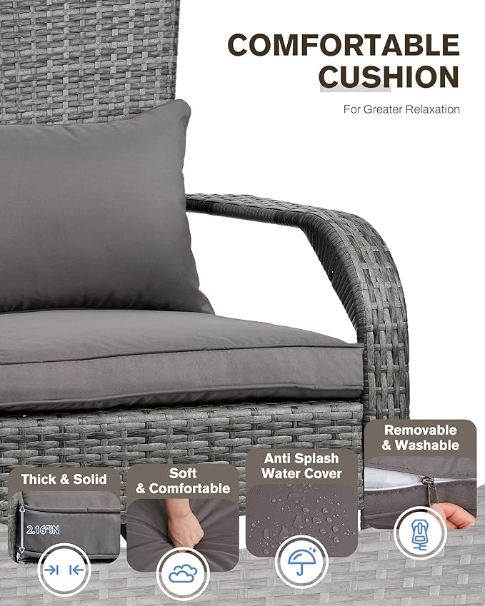 Outdoor Rocking Chair Set of 2- Outdoor Glider Rattan Rocker Chair with Heavy-Duty Steel Frame- All Weather Rocker Chair for Garden, Porch, Backyard, Poolside (Grey, 320lbs)