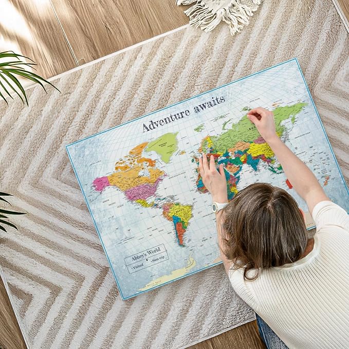 ElephantStock - Personalized Adventure Awaits IV Push Pin World Map Wall Art - Horizontal Canvas Wall Art - Living Room Wall Decor - Digital Art Map Canvas Art - Blue And Green Decor - 36" x 24"