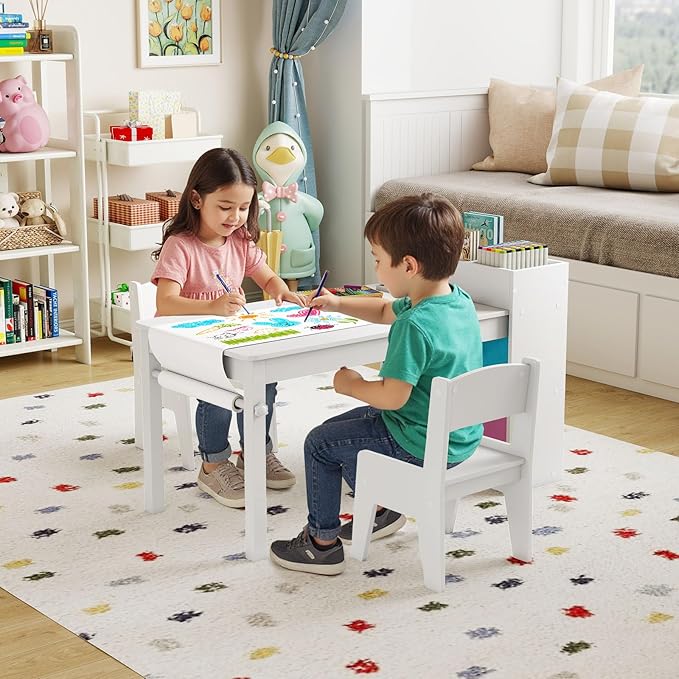Costzon Kids Table and Chairs, 3 in 1 Wooden Art Drawing Desk Set w/ 4 Fabric Bins, Multiple Open Storage Compartments & a Paper Roll, Toddler Table and Chair Set for Children Playroom(White)