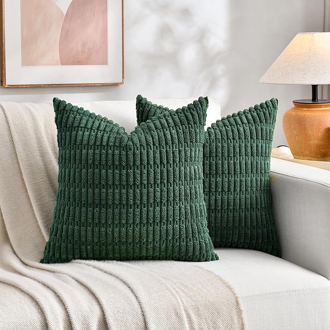 Fancy Homi 2 Packs Hunter Green Decorative Throw Pillow Covers 18x18 Inch for Couch Bed Sofa, Forest Green Boho Home Decor, Soft Plush Corduroy Cute Emerald Green Square Cushion Case 45x45 cm