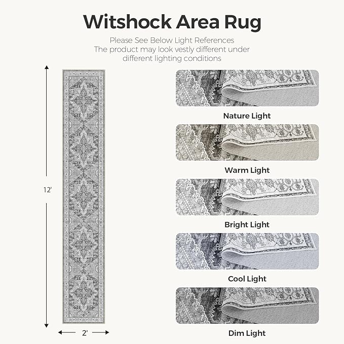 WITSHOCK Extra Long Runner Rug for Hallway 2x12: Washable Vintage Boho Low Pile Stain Resistant Foldable Carpet for Bedroom Kitchen Entryway Indoor Entrance Distressed Farmhouse Home Decor, Grey