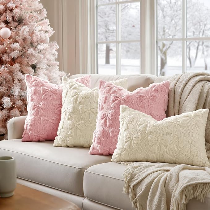 MIULEE Pink Bow Pillow Covers Coquette Room Decor Aesthetic Set of 2 Decorative Cute Girl Christmas Throw Pillow Soft Plush Faux Pillowcase for Girl Bed Couch Sofa,20x20 Inch