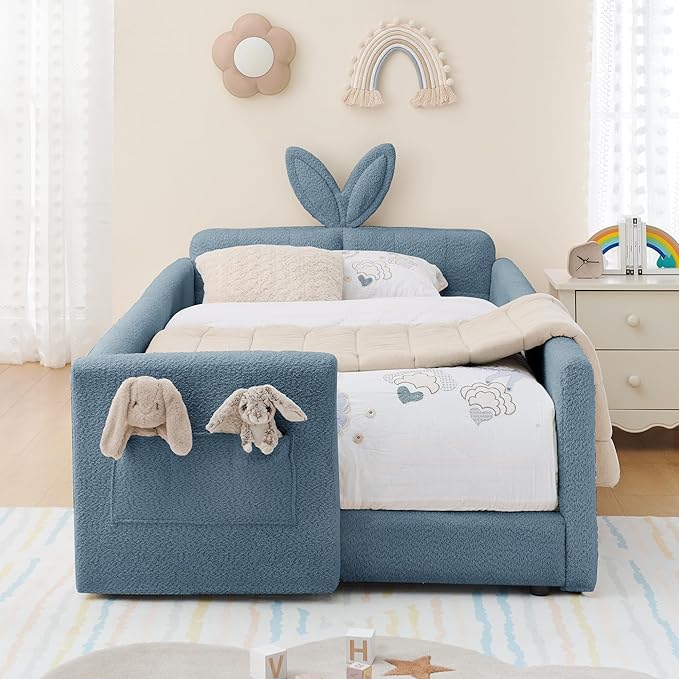 Twin Size Upholstered Platform Bed with Safety Guardrail and Cute Rabbit Ear Shaped Headboard, Boucle Fabric Montessori Kids Bed with Pocket and Sturdy Slats Support (Baby Blue-7.24)