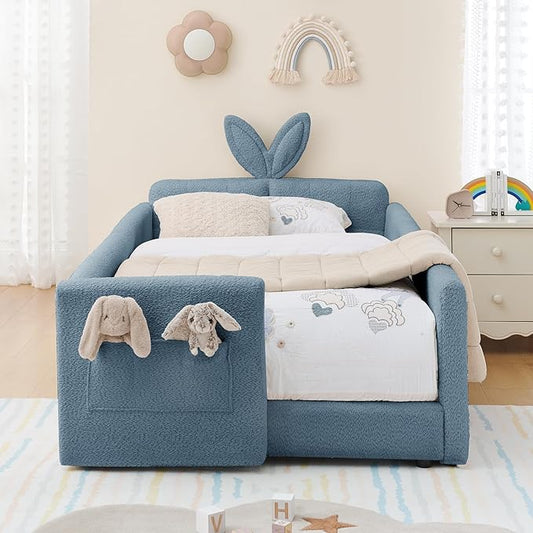 Twin Size Upholstered Platform Bed with Safety Guardrail and Cute Rabbit Ear Shaped Headboard, Boucle Fabric Montessori Kids Bed with Pocket and Sturdy Slats Support (Baby Blue-7.24)