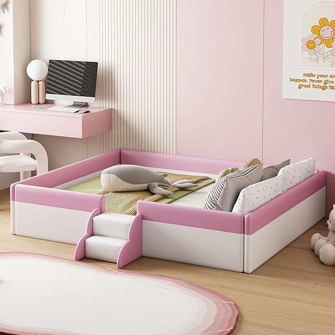 Merax Upholstered Kids' Daybed, Daybed Frame with Fence and Stairs, No Box Spring Needed, Queen Size, Pink+White