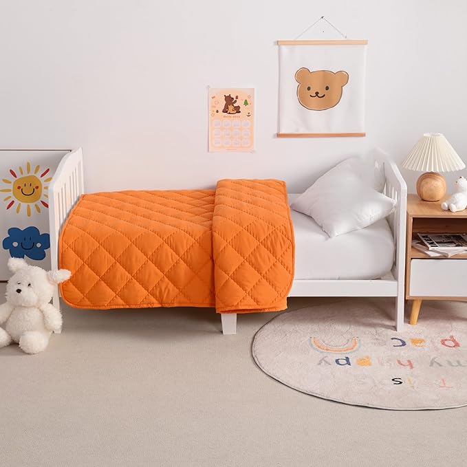 Down Alternative Oversized Toddler Comforter 43x60, Lightweight Warm Solid Color Baby Crib Quilted Blanket for Boys Girls, Orange