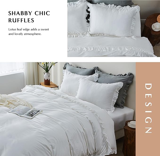 Simple&Opulence Kids 100% Organic Cotton Full Duvet Cover Ruffle 3Pcs(1 Comforter Cover 2 Pillowcases) Cute Lace Vintage Boho Shabby Chic Farmhouse Bedding Set Teen Girls(White, Full)