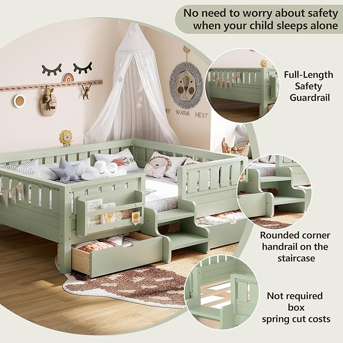 Bellemave Full Size Bed with Slats and Stairs, Full Size Platform Bed Frame with Fence, Bookshelf and Storage Drawers, Easy Assemble Beds for Kids, Girls, Boys, Green