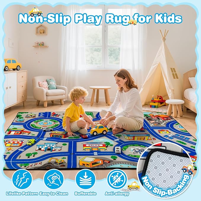 Road Car Rug, 5x7 Ft City Road Rug for Kids, Extra Thick (0.4in) Kids Play Rug Mat and Car Carpet with Realistic Colors - Perfect for Children, Soft and Non-Slip for Playroom and Bedroom
