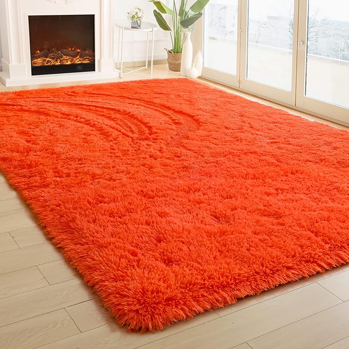 Merelax Soft Modern Indoor Shaggy Area Rug for Bedroom Livingroom Dorm Kids Room Home Decorative, Non-Slip Plush Fluffy Furry Fur Rugs Comfy Nursery Accent Floor Carpet 5x8 Feet, Orange Red