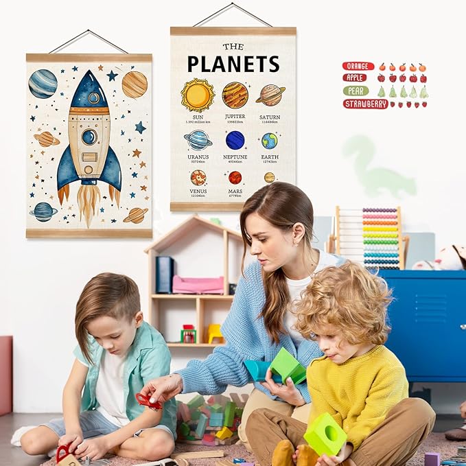 Solar System Poster Wall Art Set of 2, The Planets Wall Decor Wood Hanger, Space Classroom Decor, Outer Space Planets Poster for Boys and Girls Nursery, Bedroom, Playroom, Toddler and Kids Room(Solar system)