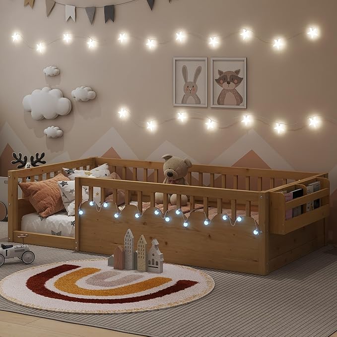 KEIKI Twin Size Floor Bed w/Light & Storage, Wood Montessori Platform Bed Frame w/Safety Rails, Space Saving Kids Beds for Boys Girls Bedroom Playing Room, Easy Assembly Bedframe, Noise Free, Brown