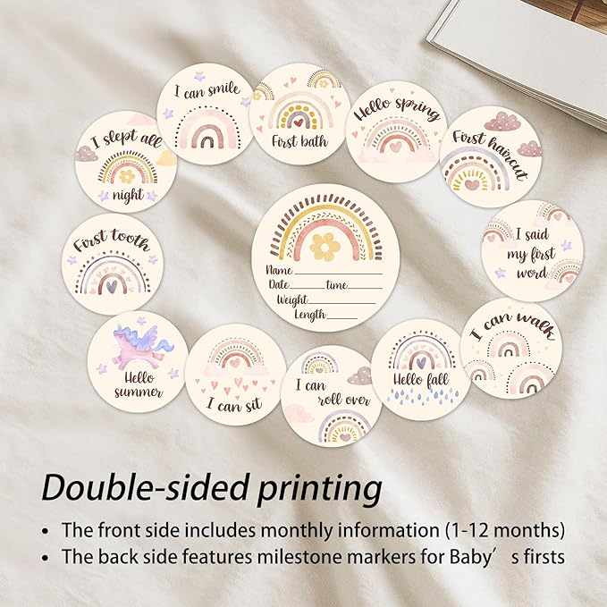 Baby Monthly Milestone Cards Sign - Double Sided Wooden Milestone Cards with Rainbow Design, Wooden Circles Discs for Photo Props Birth Announcement Board, Baby Shower/Gift Newborn Sign Set(13pcs)