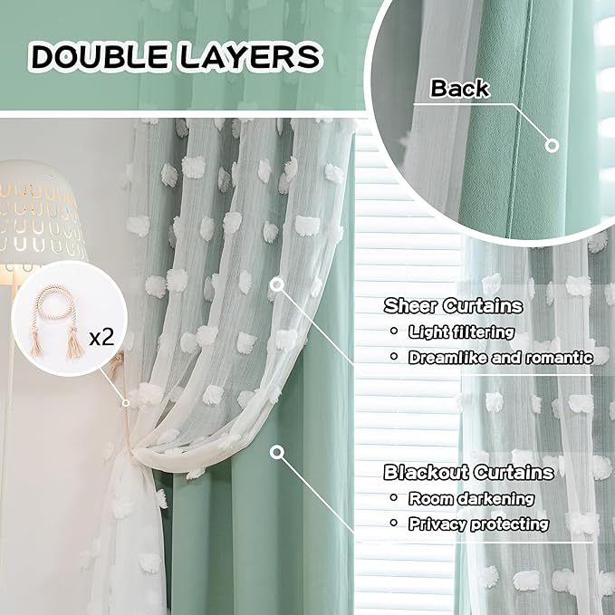 MYSKY HOME 90 Inches Long Aqua Curtains for Living Room Nursery Curtains for Bedroom Double Layer Curtains White Pom Pom Sheer Curtains for Dining Room Grommet Room Darkening Window Panels W52 X L90