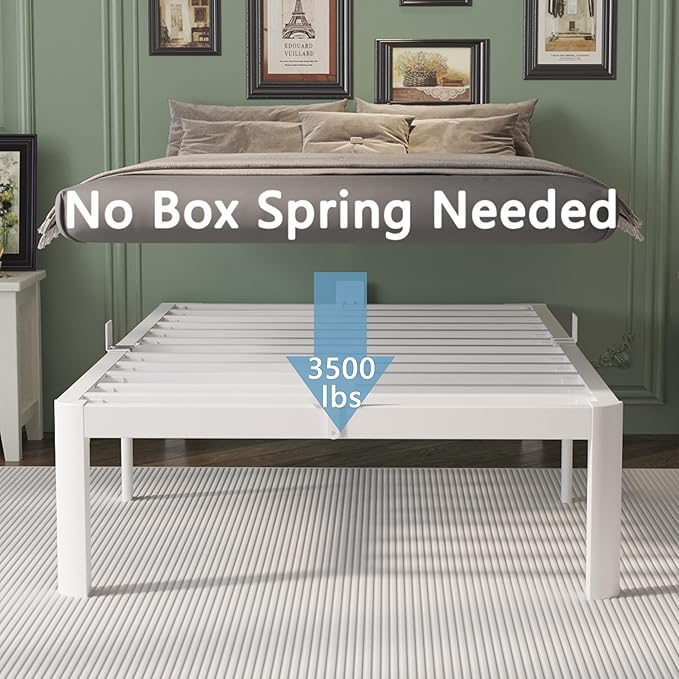 16 Inch Twin Bed Frames with Metal Baffles, White Twin Metal Bed Frame No Box Spring Needed, Heavy Duty Steel Platform Supprt, Rounded Corner Design, Storage Space. Noiseless, Reserved Holes
