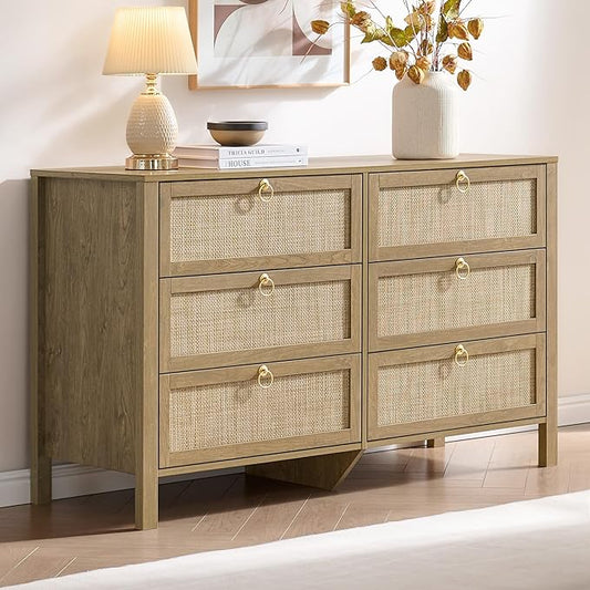 SICOTAS 6 Drawer Dresser for Bedroom - 51" Wide Rattan Dressers Chest of Drawers for Closet, Larger Storage Cabinet Farmhouse Boho Dresser TV Stand for Living Room, Hallway (Carbon Cherry)